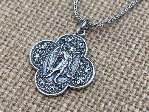 Sterling Silver, Antique Replica, St. Raphael the Archangel, Angel of Healing, Oxidized Wheat Spiga Chain Necklace, Saint Illness, .925