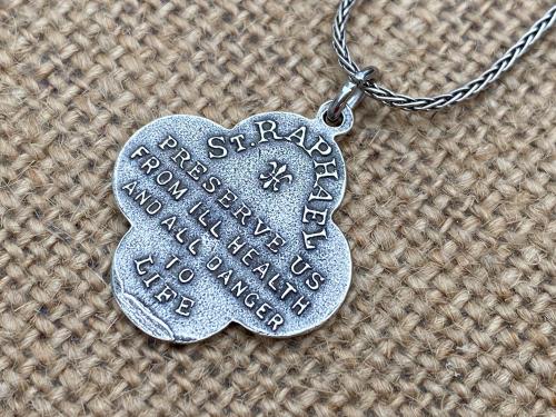 Sterling Silver, Antique Replica, St. Raphael the Archangel, Angel of Healing, Oxidized Wheat Spiga Chain Necklace, Saint Illness, .925