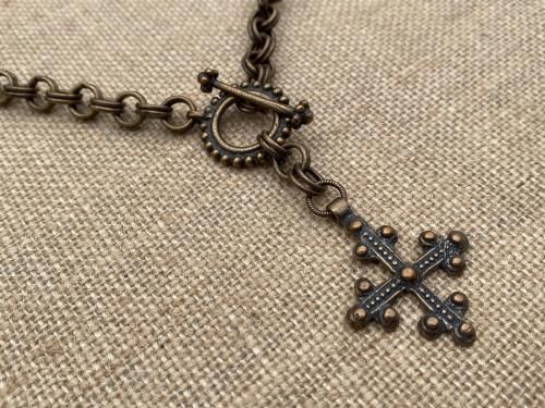 Bronze Old Coptic Trinity Cross Pendant Necklace, Antique Replica, Front Toggle Clasp, Unusual Cross Necklace, Boho Chic Christian Necklace