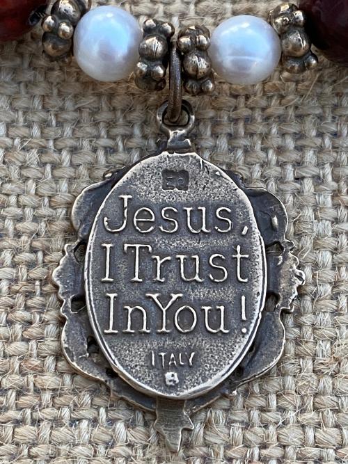 Divine Mercy Chaplet, Rosary Bracelet, Bronze Antique Replica Medal, Jesus I Trust in You, Jasper Gemstones, Freshwater Pearls, St Faustina