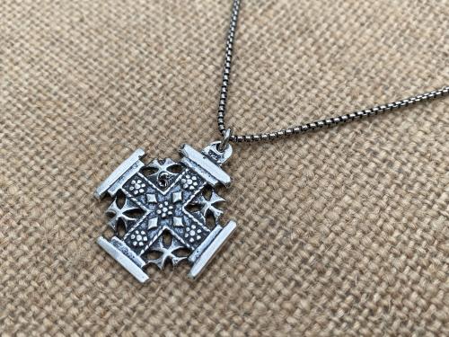 Sterling Silver Jerusalem Cross Pendant Necklace, Antique Replica Medal, Five-Fold Cross, Five Wounds of Christ Cross, Cross-and-Crosslets