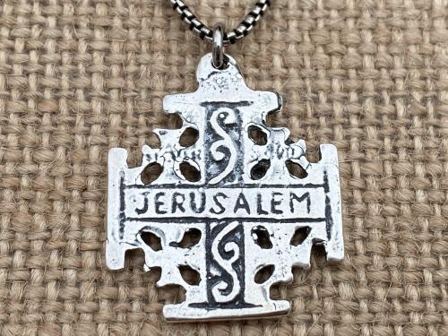 Sterling Silver Jerusalem Cross Pendant Necklace, Antique Replica Medal, Five-Fold Cross, Five Wounds of Christ Cross, Cross-and-Crosslets