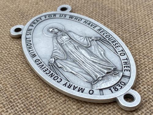 Custom Oversized 3.25" Tall Miraculous Medal Rosary Center from Italy, Large Non-tarnishing Silver Metal Lasso Wall Rosary Group Rosary Big