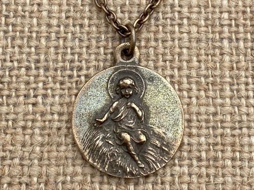 Bronze Baby Jesus in the Manger Nativity Pendant, Antique Replica Medal, Religious Christmas Necklace, Religious Christmas Jewelry