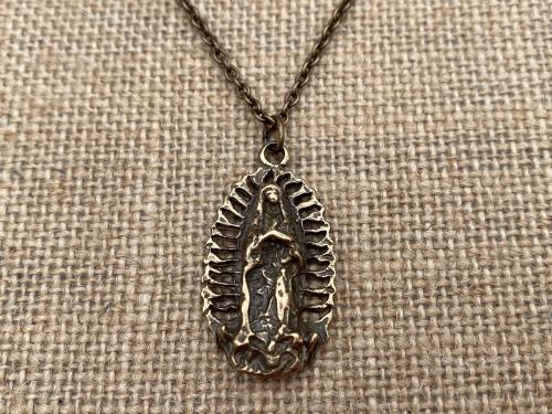 Bronze Antique Replica Our Lady of Guadalupe Pendant Necklace, Nuestra Señora de Guadalupe Necklace, Virgin of Guadalupe Medal, Virgin Mary