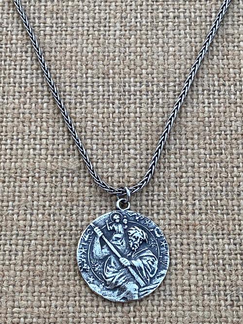 Sterling Silver St. Saint Christopher Medal on Wheat Chain Necklace, Antique Replica, Patron Saint of Travelers, Saint of Safe Travels