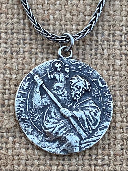 Sterling Silver St. Saint Christopher Medal on Wheat Chain Necklace, Antique Replica, Patron Saint of Travelers, Saint of Safe Travels