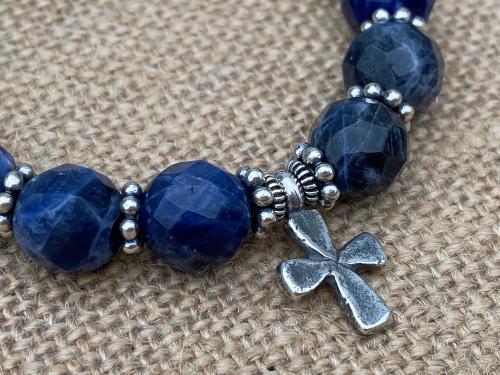 Sterling Silver Our Lady of Guadalupe Bracelet, Denim Blue Sodalite Gemstones, Antique Replica Medal, Button Closure, Dangling Cross Charm