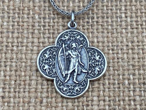 Sterling Silver, Antique Replica, St. Raphael the Archangel, Angel of Healing, Oxidized Wheat Spiga Chain Necklace, Saint Illness, .925