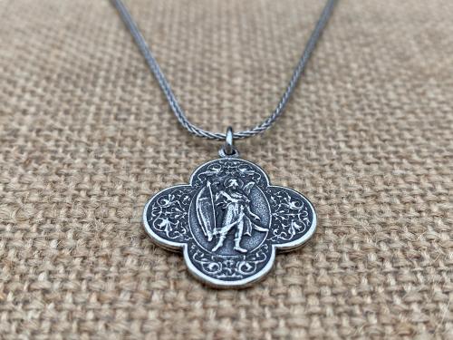 Sterling Silver, Antique Replica, St. Raphael the Archangel, Angel of Healing, Oxidized Wheat Spiga Chain Necklace, Saint Illness, .925