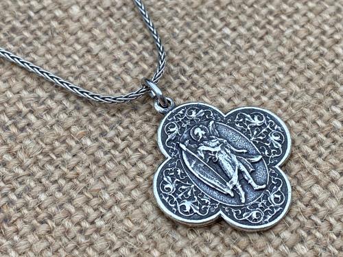 Sterling Silver, Antique Replica, St. Raphael the Archangel, Angel of Healing, Oxidized Wheat Spiga Chain Necklace, Saint Illness, .925