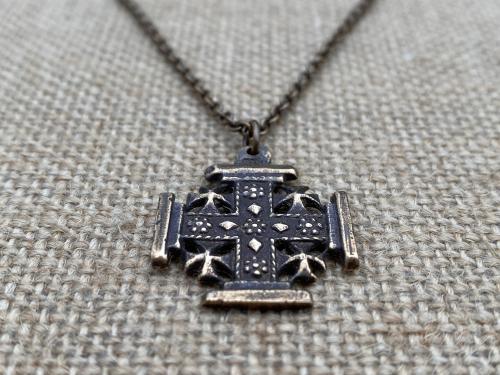 Bronze Jerusalem Cross Pendant Necklace, Crusader's Cross, Five Wounds of Christ Cross, Cross-and-Crosslets, Heraldic Cross, Holy Sepulchre