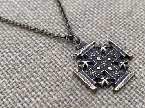 Bronze Jerusalem Cross Pendant Necklace, Crusader's Cross, Five Wounds of Christ Cross, Cross-and-Crosslets, Heraldic Cross, Holy Sepulchre