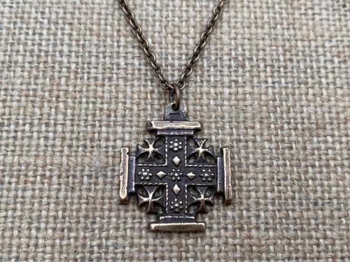 Bronze Jerusalem Cross Pendant Necklace, Crusader's Cross, Five Wounds of Christ Cross, Cross-and-Crosslets, Heraldic Cross, Holy Sepulchre