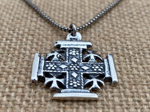 Sterling Silver Jerusalem Cross Pendant Necklace, Antique Replica Medal, Five-Fold Cross, Five Wounds of Christ Cross, Cross-and-Crosslets