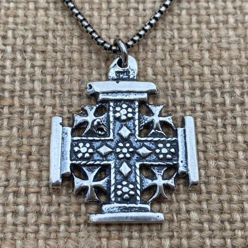 Sterling Silver Jerusalem Cross Pendant Necklace, Antique Replica Medal, Five-Fold Cross, Five Wounds of Christ Cross, Cross-and-Crosslets
