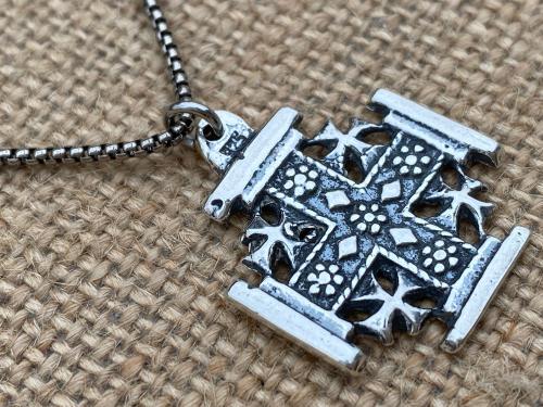 Sterling Silver Jerusalem Cross Pendant Necklace, Antique Replica Medal, Five-Fold Cross, Five Wounds of Christ Cross, Cross-and-Crosslets