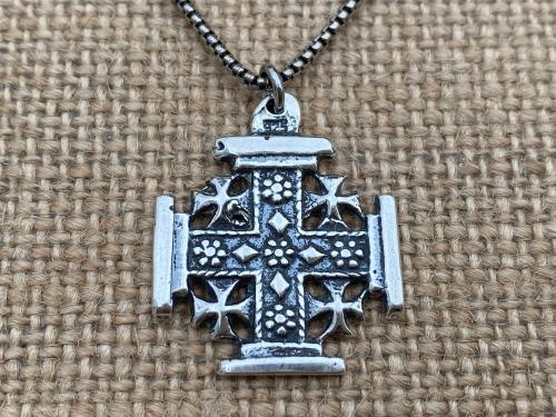 Sterling Silver Jerusalem Cross Pendant Necklace, Antique Replica Medal, Five-Fold Cross, Five Wounds of Christ Cross, Cross-and-Crosslets