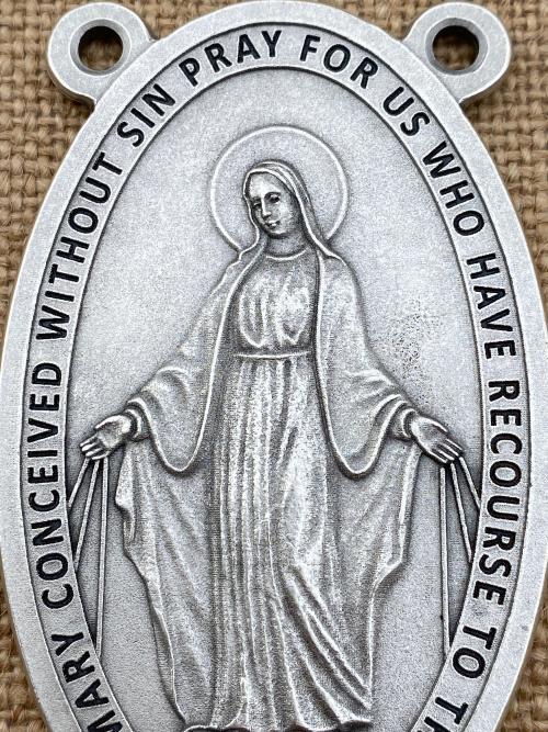 Custom Oversized 3.25" Tall Miraculous Medal Rosary Center from Italy, Large Non-tarnishing Silver Metal Lasso Wall Rosary Group Rosary Big