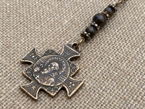 Bronze Rearview Mirror Saint Benedict Cross Medal, Antique Replica, Adjustable Length Chain, Bronzite Gemstones, Dangling Mirror Accessory