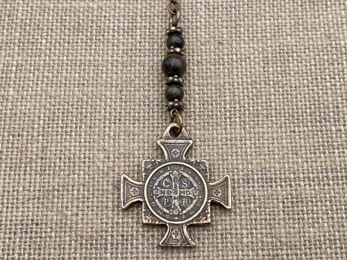 Bronze Rearview Mirror Saint Benedict Cross Medal, Antique Replica, Adjustable Length Chain, Bronzite Gemstones, Dangling Mirror Accessory