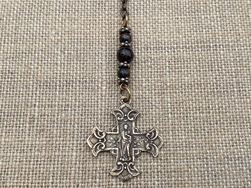 Rearview Mirror Bronze Cross Medal, Antique Replica, Jesus & Blessed Virgin Mary Reversible Scapular Cross, Cross for Rear View Mirror, Car