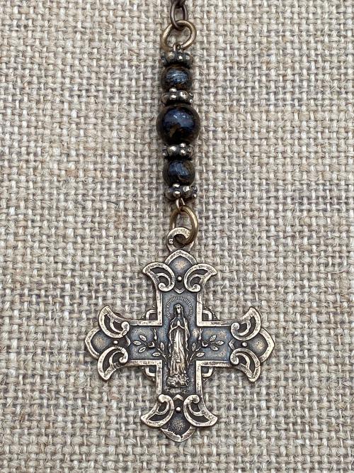 Rearview Mirror Bronze Cross Medal, Antique Replica, Jesus & Blessed Virgin Mary Reversible Scapular Cross, Cross for Rear View Mirror, Car