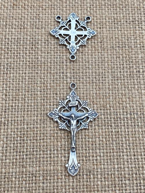 Antique Replica Rosary Center and Crucifix Set in Oxidized Sterling Silver Radiant Design DIY Do it yourself Catholic Parts Reproductions