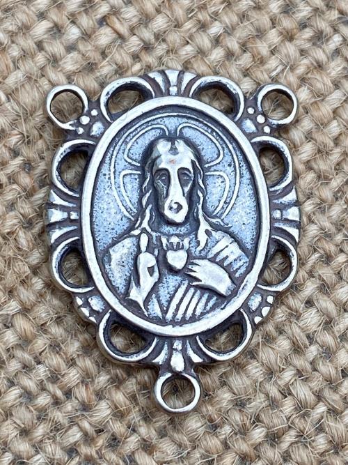 Sacred Heart of Jesus Antique Replica Rosary Center Centerpiece Sterling Silver Historical Reproduction DIY Rosary Parts Oval Large Big Gift