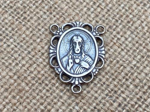 Sacred Heart of Jesus Antique Replica Rosary Center Centerpiece Sterling Silver Historical Reproduction DIY Rosary Parts Oval Large Big Gift