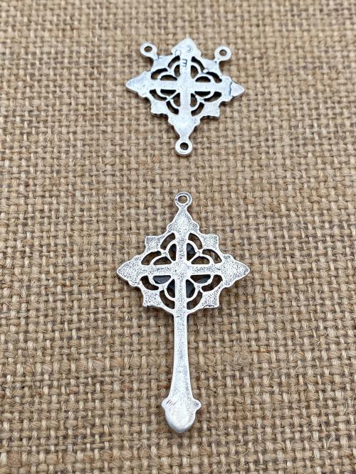 Antique Replica Rosary Center and Crucifix Set in Oxidized Sterling Silver Radiant Design DIY Do it yourself Catholic Parts Reproductions