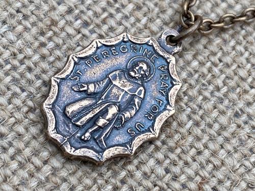 Bronze St. Peregrine Pray for Us Medal Necklace, Antique Replica, Patron Saint of Cancer, Saint Peregrinus Laziosi, Pellegrino, Cancer Saint