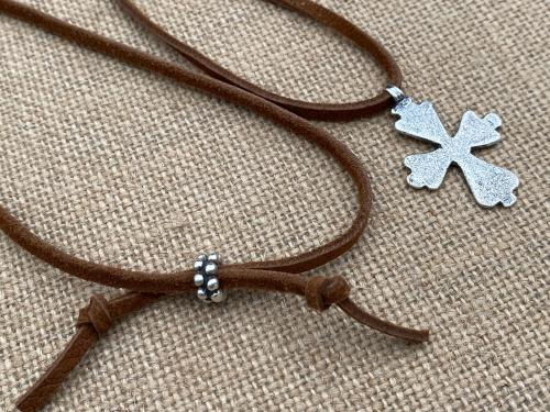 Oxidized Sterling Silver Coptic Cross Pendant on Brown Suede Lace Necklace, Adjustable Length, Slider Bead, Ethiopian Antique Replica Cross