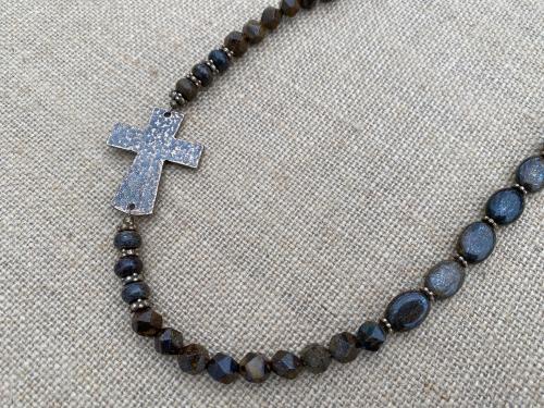 Bronze Sideways Cross Long Necklace, Bronzite Gemstone Necklace, Antique Replica Cross, Faceted Star Cut Beads, Artisan Christian Necklace