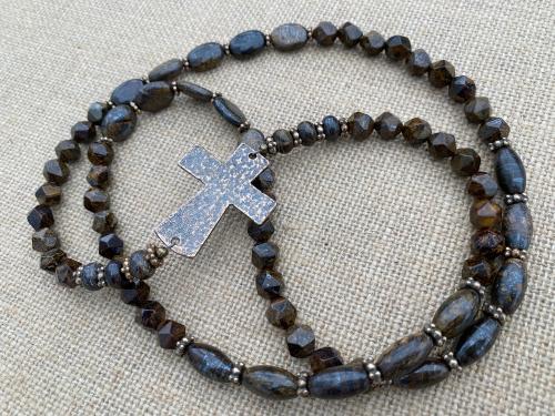 Bronze Sideways Cross Long Necklace, Bronzite Gemstone Necklace, Antique Replica Cross, Faceted Star Cut Beads, Artisan Christian Necklace