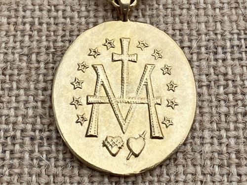 Gold French Miraculous Medal Pendant, Antique Replica, Long 28" Necklace, France Our Lady of the Miracle, Our Lady of Lourdes Fatima MM1