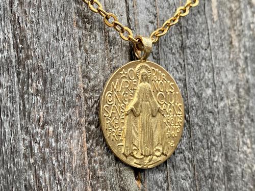 Gold French Miraculous Medal Pendant, Antique Replica, Long 28" Necklace, France Our Lady of the Miracle, Our Lady of Lourdes Fatima MM1