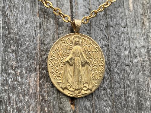 Gold French Miraculous Medal Pendant, Antique Replica, Long 28" Necklace, France Our Lady of the Miracle, Our Lady of Lourdes Fatima MM1