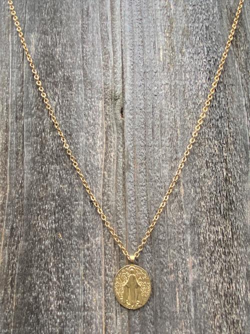 Gold French Miraculous Medal Pendant, Antique Replica, Long 28" Necklace, France Our Lady of the Miracle, Our Lady of Lourdes Fatima MM1