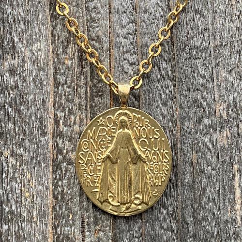 Gold French Miraculous Medal Pendant, Antique Replica, Long 28" Necklace, France Our Lady of the Miracle, Our Lady of Lourdes Fatima MM1