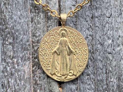 Gold French Miraculous Medal Pendant, Antique Replica, Long 28" Necklace, France Our Lady of the Miracle, Our Lady of Lourdes Fatima MM1