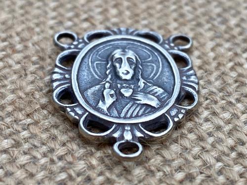 Sacred Heart of Jesus Antique Replica Rosary Center Centerpiece Sterling Silver Historical Reproduction DIY Rosary Parts Oval Large Big Gift