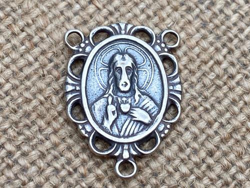 Sacred Heart of Jesus Antique Replica Rosary Center Centerpiece Sterling Silver Historical Reproduction DIY Rosary Parts Oval Large Big Gift