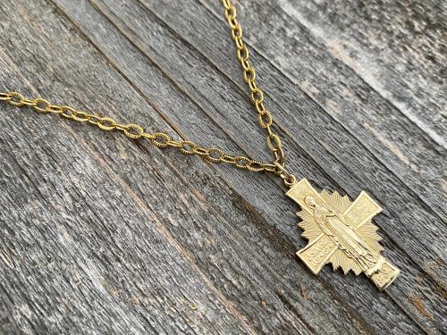 Gold Radiant Mary Cross Medal (Antique Replica) Pendant Necklace, Our Lady of Lourdes, Blessed Virgin Mary, Our Lady of Guadalupe, Holy Mary