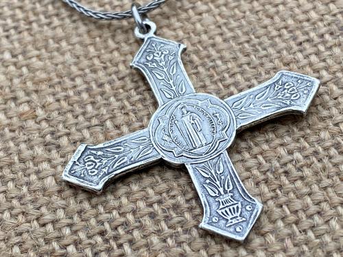 Sterling Silver St. Benedict Cross Medal Pendant, French Antique Replica, Necklace, 19th Century France, .925 Sterling Silver, Rare Cross