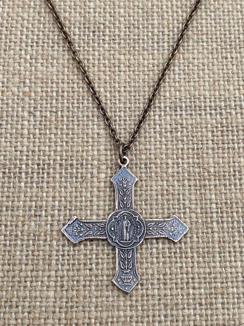 Rare Bronze Saint Benedict Cross Pendant, French Antique Replica, St Benedict Medal Necklace, 19th Century France, Ordo Sancti Benedicti OSB