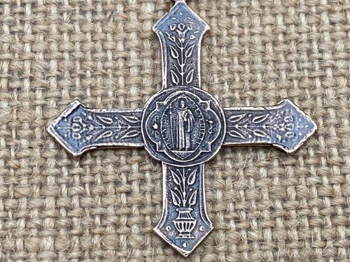 Rare Bronze Saint Benedict Cross Pendant, French Antique Replica, St Benedict Medal Necklace, 19th Century France, Ordo Sancti Benedicti OSB