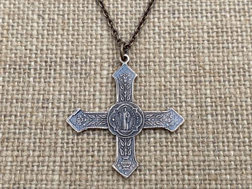 Rare Bronze Saint Benedict Cross Pendant, French Antique Replica, St Benedict Medal Necklace, 19th Century France, Ordo Sancti Benedicti OSB