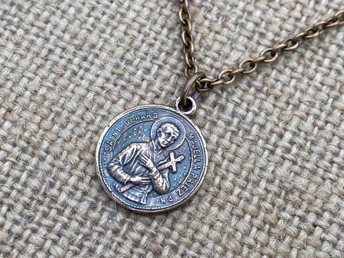 Bronze Saint Gerard Majella Medal Pendant Necklace, French Antique Replica, Artist Penin, Patron Saint of Expectant Mothers, of Fertility