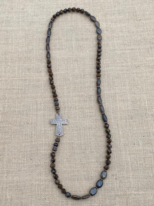 Bronze Sideways Cross Long Necklace, Bronzite Gemstone Necklace, Antique Replica Cross, Faceted Star Cut Beads, Artisan Christian Necklace